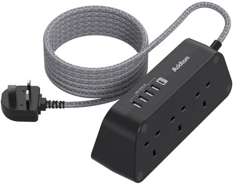 Black Extension Lead with USB Slots，6 Way Outlets 5 USB(5A, 1 USB- C and 4 USB-A Port) with 1.6M Braided Extension cord, 3250W Overload Protection，Security Surge Protection Plug Extension Socket