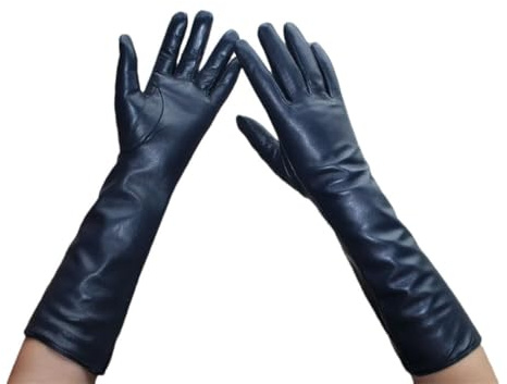 Frauen Solide Lange Leder Handschuhe Gerade Schaffell Warme Handschuhe, Dunkelblau, 8 12