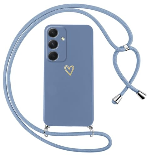 Oelrstfe Cover per Samsung Galaxy A34 5G con Cordino,Custodia Silicone Morbido Sottile con Motivo Cuore e Collana Laccio Tracolla,Antiurto Antigraffio Corda Collo Regolabile Protettiva Case,Blu