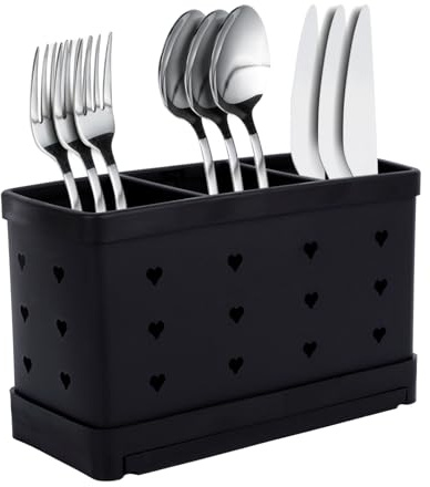 PLUSHCEWT Stainless Steel Utensil Holder Cutlery Drainer with 3 Compartments Removable Tray and Ventilation Holes Countertop Kitchen Storage Organizer for Spoons Forks Knives Chopsticks Cooking Tools