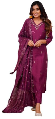 The Red Lion Enterprise Partywear wedding Function wear Anarkali Dress, Alia cut kurti pant and Dupatta 3pc set for women, Zar-wine, XL