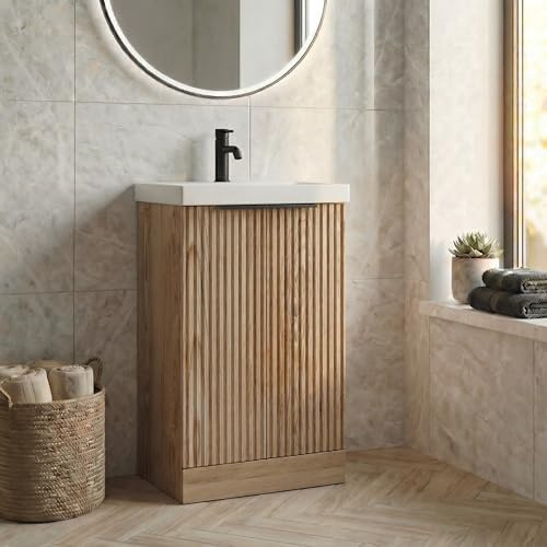 BAYSTONE® Fluted 500mm Bathroom Vanity Unit Ceramic Wash Sink, Cloakroom Storage Furniture Under Basin Cabinet Floorstanding Cupboard, Wood
