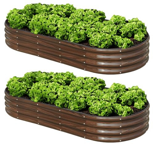 SnugNiture 2 Pcs 6x3x1ft Raised Garden Bed Kit, Outdoor Oval Metal Garden Planter, Ground Planter Box for Gardening Vegetables Flowers, Brown