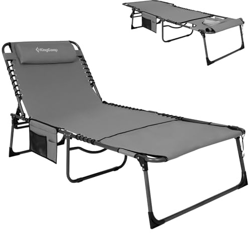 KingCamp Tanning Chair with Face Hole, Lounge Chairs Outdoor Folding Comfy Adjustable 5-Position Lay Flat Foldable Chaise Chaser Lounger for Outside Beach Patio Sun Bathing Pool, Grey