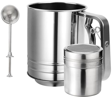 Flour Sifter, 3 in 1 Stainless Steel Sifter for Baking, 3 Cup Double Layer Fine Mesh Sifter, Powdered Sugar Shaker Duster Set for Baking Cakes, Pastries, Pies, Cupcakes and Desserts