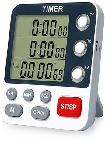 Digital trippel kökstimer, 3 kanaler, nedräkningstimer, med klocka, magnetisk, minnesfunktion LCD-display, justerbar volym kökstimer digital, för skola, kontor, sport, hudvård