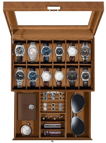 Uten Watch Box 12 Slots, 2-Tier Watch Case with Key Lock, Glass Lid, watch display box for Men and Women, Brown Synthetic Leather, Brown Velvet Lining, Removable Pillows, Jewelry Storage Box
