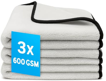 Kemes Set di 3 panni per la pulizia dell'auto, in microfibra, grigio con bordo nero, senza aloni, per la cura dell'auto, 30 x 30 cm, 600 g/m²
