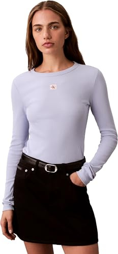 Calvin Klein Damen Ls Woven Label 2x2 Rib Crew Top Lv047e205g Andere Oberteile