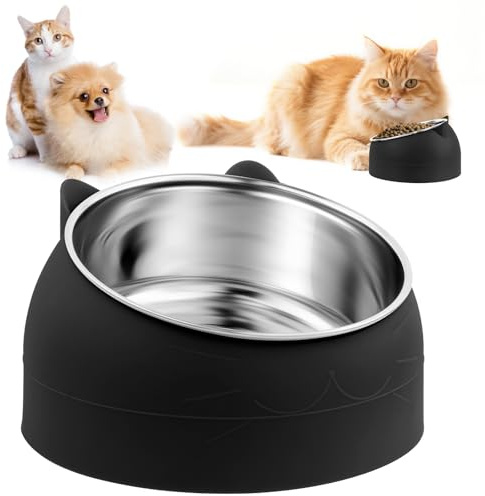 Muyohix Katzennapf, 400ML Futternapf Katze Set, 15°Kipphals-Schutzschale 304 Edelstahl Lebensmittelqualität, rutschfeste Wasser Fütterung Schüssel, Abnehmbarer Katzennäpfe für Katzen und Welpen
