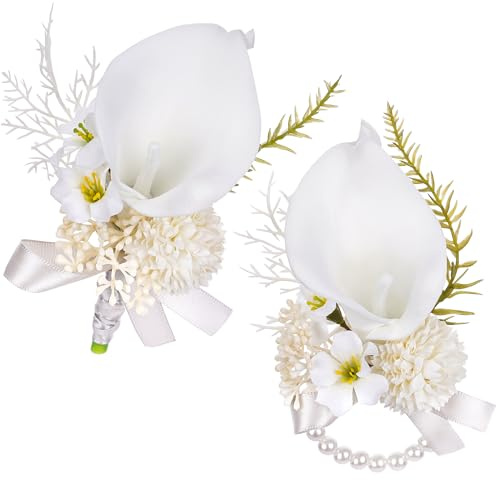 PartyforU Set di 2 fiori artificiali bianchi per matrimonio, bouquet da polso e fiori artificiali, per sposo, sposa, ballo, anniversario, celebrazione