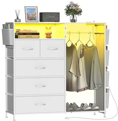 Trironsun 5 Drawer Dresser with Clothes Rail LED Lights Charging Station Storage Chest with Side Pockets and Wood Top for Bedroom or Hallway (White)
