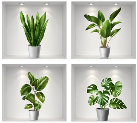 SanKristo 4 pezzi 40 * 50 cm adesivi murali con fiori verdi in vaso - Decorazione murale 3D con piante e foglie verdi autoadesive per soggiorno, ufficio, hotel