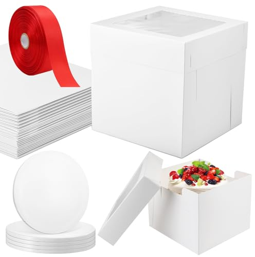 5 PCS Tall Cake Box & 5 PCS White Cake Board Set | 10 | 10 x 10 x 10 Inch Square for Tiered or Decorated Transport | Premium Masonite Board Included 22M Cake box ribbon