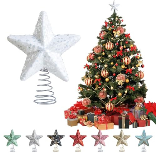 Weihnachtsbaumspitze, glitzernder Weihnachtsbaum-Stern-Ornament, 15 cm, bruchsichere Weihnachtsbaumspitze mit Spiralboden, für Heimdekoration, Weiß