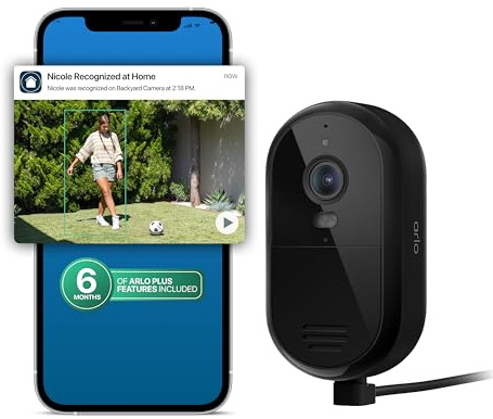 Arlo Essential Security Camera 2K (2025 Release) + 6 Months of Secure Plus Plan - Continuous Wired Plug-in Power Outdoor Camera, Person Recognition, Package Detection, Animated Preview, 1 Cam, Black