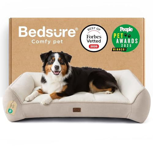 BEDSURE waschbares Hundebett Grosse Hunde - 114x81x24cm extra Dicke unterstützende Hundesofa mit wasserdichter Hülle, rutschfest Hundekorb große mit weichem plüsch Sherpa,Creme