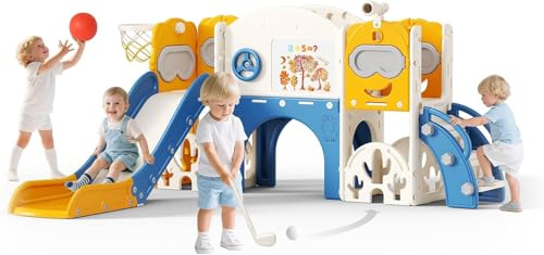 11 en 1 Toboggan Enfant 1 à 6 Ans, Grand Toboggan avec Renfort antidérapant, Conception sûre en 3 étapes, Comprend Le Golf, Le Panier de Basket et Le télescope