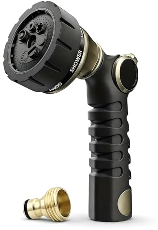 rainfactory Gartendüse für Gartenschlauch [Sprühkopf mit 7 Modi] Metall Gartenbrause | Brause inkl. Schnellanschluss mit Messing-Adapter | Ideal für Garten & Auto | Rostfreie Handbrause