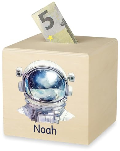polar-effekt Holz-Spardose mit Astronaut UV-Druck personalisiert - 10x10cm Sparbüchse mit Wunschnamen - Geldgeschenk für Kinder - aus Echtholz gefertigt