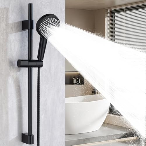 Ronvie 70cm Black Shower Riser Rail with 4-Mode Shower Head and Hose Set | Stainless Steel Hose, 360°Adjustable Shower Head Holder, Adjustable Shower Slide Bar for Bathroom, Black