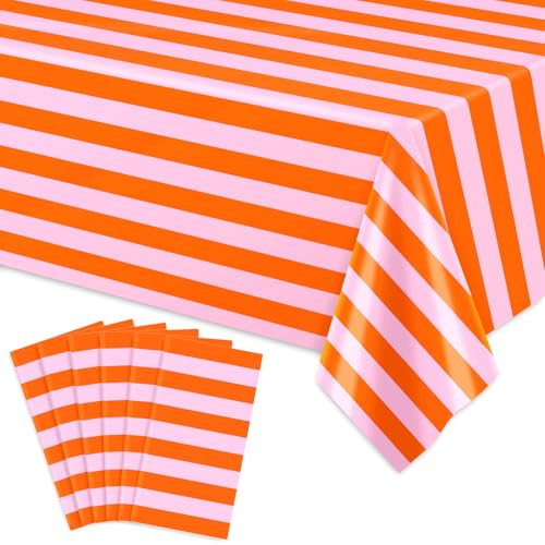 JarThenaAMCS 6Pcs Stripe Plastic Tablecloth Disposable Table Cloth Pink Orange Rectangle Table Cover for Birthday Baby Shower Wedding Party Picnic Supplies, 54 x 108 Inch