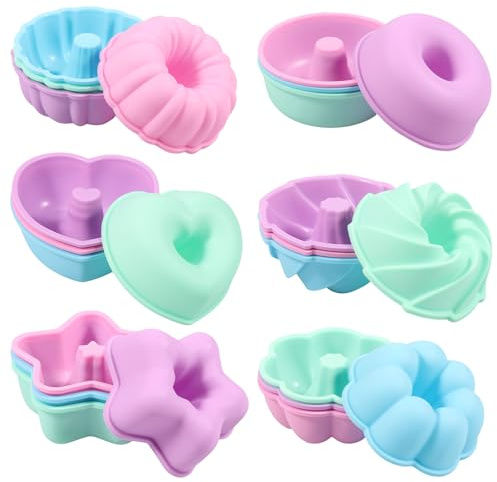24 Pcs Silicone Donut Mold, 7.5x2.8cm Silicone Molds,Reusable Baking Cups, Nonstick Heat Resistant Bakeware for Bagel Muffin Jelly and Cake Baking 6 Shapes,Muffin Cupcake Molds