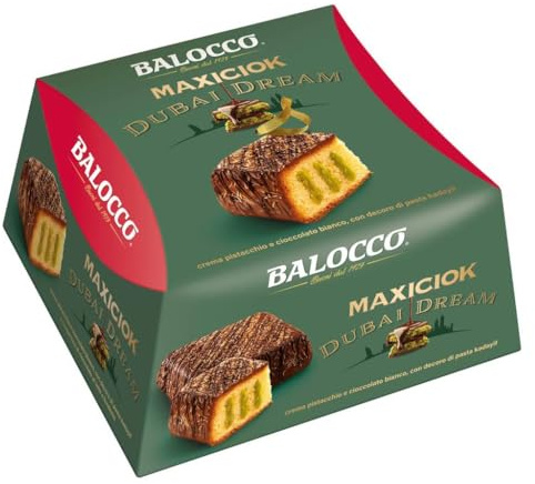 Confezione Per Balocco Maxiciok Dubai Dream Torta con Crema al Pistacchio e Cioccolato Bianco, Decoro Pasta Kadayfi, 650g