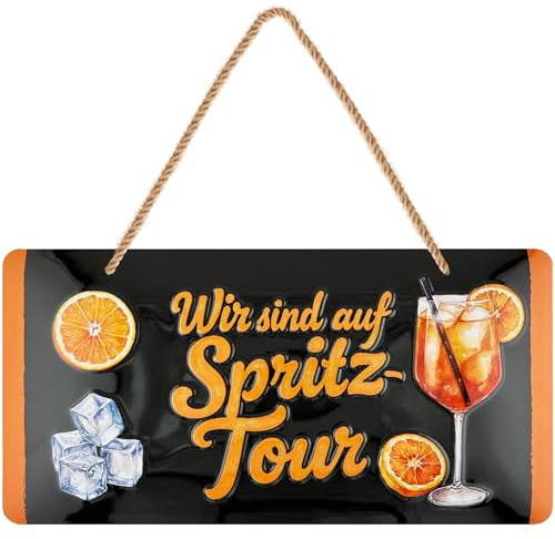 LANOLU retro Blechschild, Bar Deko Schild Spritztour, Cocktail Schild im Retro Look, geprägt gestanzt mit Jutelkordel, Deko Partyraum Strandbar Balkon Küche, 16x32 cm