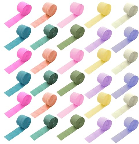 Forbabe 30 Rolls Krepppapier Bunt 4.5 cm x 10 m, Morandi Kreppband Bunte | Für Partydekorationen, Geburtstags, Babydusche und Hochzeitsfeiern, Krepppapier Band für Eventdekoration