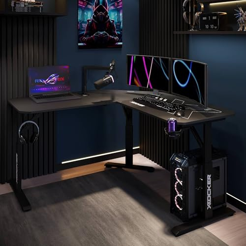 X-Rocker Cougar Corner 140cm x 140cm, Height Adjustable L-Shaped Gaming Desk Reversible Corner Design, 60cm Depth Large Dual Monitor, Sturdy Metal Frame for Adults & Kids - Carbon Black with Mouse Mat