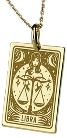 Collar con colgante del signo zodiacal Libra en relieve, fabricado en plata de ley 925 con baño de oro, cadena de eslabones de 45 cm (18), dije rectangular para joyería unisex | LK_EMBO_00426