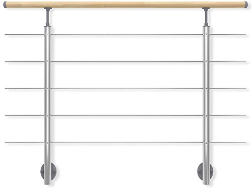 DOLLE Geländer aus Aluminium, 150 cm Länge, Buche-Handlauf, Seitenmontage | Treppengeländer innen, 2 Aluminiumpfosten, Holzhandlauf, 5 Edelstahl-Füllstäbe, kürzbar und erweiterbar