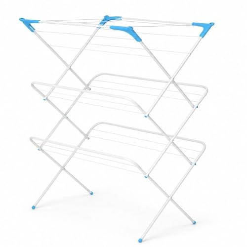BURAKH 3 Tier Folding Clothes Airer, 18 Line Laundry Drying Rack with 14m Drying Space, Freestanding Concertina Clothes Horse for Indoor & Outdoor Use, Foldable White Powder Coated Iron Airer (White)
