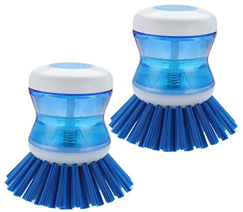 Dish Brush with Soap Dispenser for Dishes Pot Pan Kitchen Sink Scrubbing, Blue 2 Pack