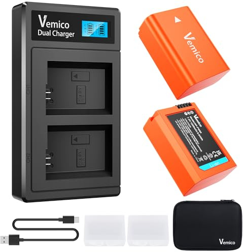 Vemico NP-FW50 Batería de Cargador Kit 2x1200mAh Batería USB-C Cargador | LCD Doble Cargador para ZV-E10, Alpha A7, A7II, A6500, A6400, A6300, A6000, A5100, RX10, A7R, A7R2, NEX-7, NEX-5, NEX-3, A55