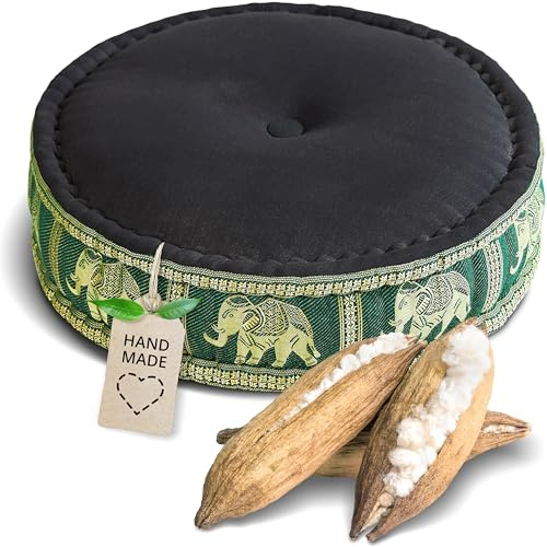 livasia coussin de méditation en soie thaï - Ø 45x15cm - Coussin de yoga en kapok, Pouf, Coussin de sol yoga méditation zen, Coussin d’assise jardin balcon, Coussin zafu (Noir/Vert/Éléphants Soie)