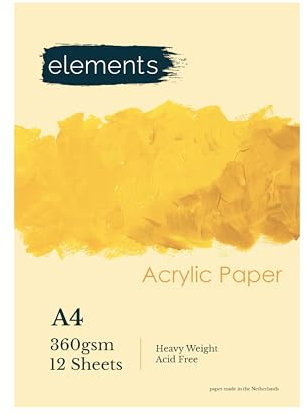 Elements A4 Acrylic Paper for Painting – 12-Sheet Acrylic Pad for Water-Based Paint, Gouache, and Inks – Glue-Bound, Acid-Free 360gsm (165lb) Painting Book