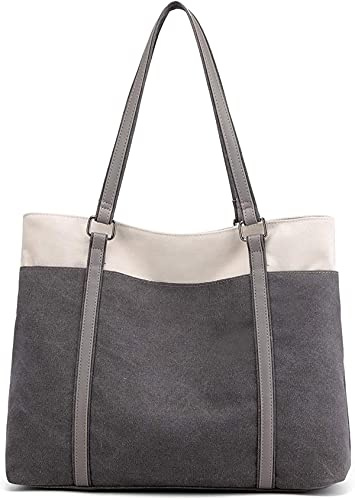 JANSBEN Damen Handtasche Schultertasche Canvas Casual Groß Tasche Shopper Elegant für Büro Schule Arbeit (Grau)