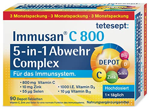 tetesept Immusan C 800 5-in-1 Depot Complex – 1 x 90 Tabletten (3 Monatspackung) – für das Immunsystem – Nahrungsergänzungsmittel mit Vitamin C, D, B12, Zink und Selen