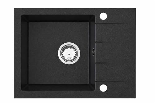 Manestein Fregadero de Cocina de Granito, Empotrable, Escurridor, Fregadero Individual con Sifón, Resistente a las Manchas y Fácil de Limpiar, 80% Arena de Cuarzo, 1 Seno, 57 x 43 cm, Color Negro
