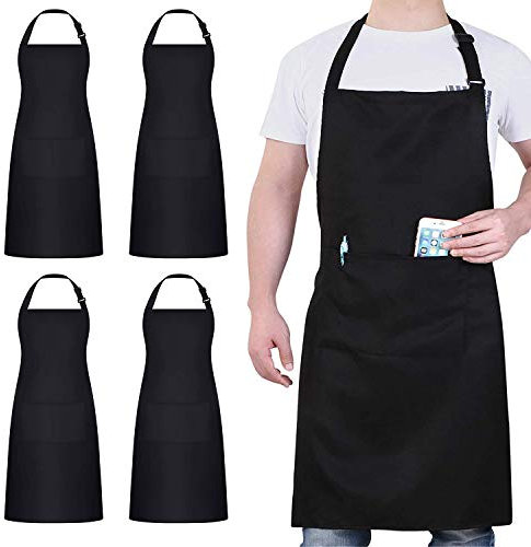 atopo 4 Stück Köche Schürze, Schwarz Schürze für Männer Frauen, Wasserdichte Küchenschürze mit 2 Taschen, Verstellbarem Nackenband Schürzen für Küche Kochen Backen Garten BBQ
