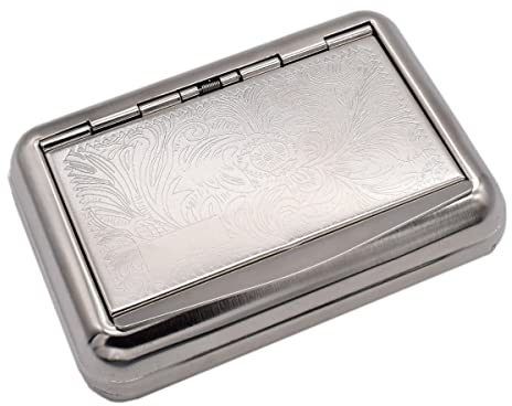 Stainless Steel Cigarette Case, Embossed Silver Metal Tobacco Tin and Cigarette Case for Roll Ups, Kingsize Cone Holder and Rolling Papers King Size Box. Boxes for Hand Rolled Extra Slim Cigarettes