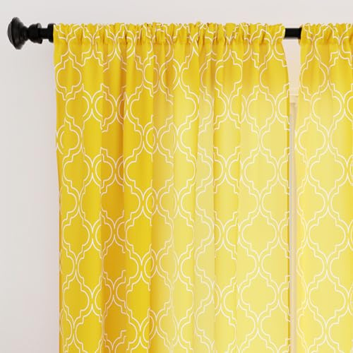 Encasa XO Semi-Sheer Wide Rod Pocket Printed Polyester Curtains with Tie Back, Living Room, Bedroom, Kitchen Curtains, 55x63 Trellis Yellow Print, 2 Panels