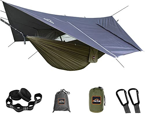 AnorTrek Camping-Hängematte mit Moskitonetz und Regenfliegenplane, tragbare Doppelhängematte mit Zwei Baumgurten, 210T Nylon-Hängematte und wasserdichtem Regenfliegen-Set für Wandern, (grün)