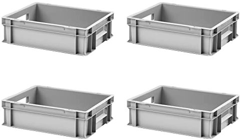 1a-TopStore 4 Stk. Euro-Stapelboxen EB-412, 400x300x120 mm (LxBxH), grau ähnl. RAL7001, aus Polypropylen, lebensmittelecht, 2 Handgriffe, ca. 11 Liter Vol.