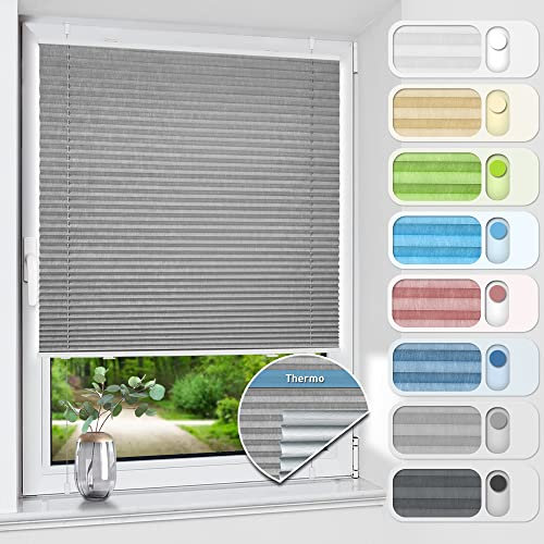 HOMEDEMO Plissee ohne Bohren verdunkelung, Thermo Plisseerollo Klemmfix, Hellgrau 70x110cm(BxH) Verdunklungsplissee 100% lichtundurchlässig für Fenster, Blickdicht Sichtschutz Sonnenschutz