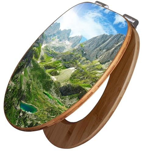 banjado Design WC Sitz Bambus Absenkautomatik 45,8x37,5cm - Toilettendeckel mit Absenkautomatik Holz - hochwertiger Bambus Klodeckel - WC-Sitz für gängigen Toiletten - Motiv Bergsee Alpen