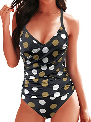 Rayson Bañadores Mujer Reductores Vientre Plano con Relleno Talla Grande Trajes de Baño Una Pieza Fruncido Cuello en V Bañador Reductor Mujer Espaguetis Ajustables(Lunares Negros,XL)