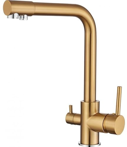 VALAZ Grifos Cocina Fregadero Dorado Cepillado Protección PVD | Grifo Osmosis 3 Vías | Alta Presión, Monomando, Giratorio 360º, Ahorro de Agua | Instalación Fácil | Latón, Acero Inoxidable, Serie Nilo